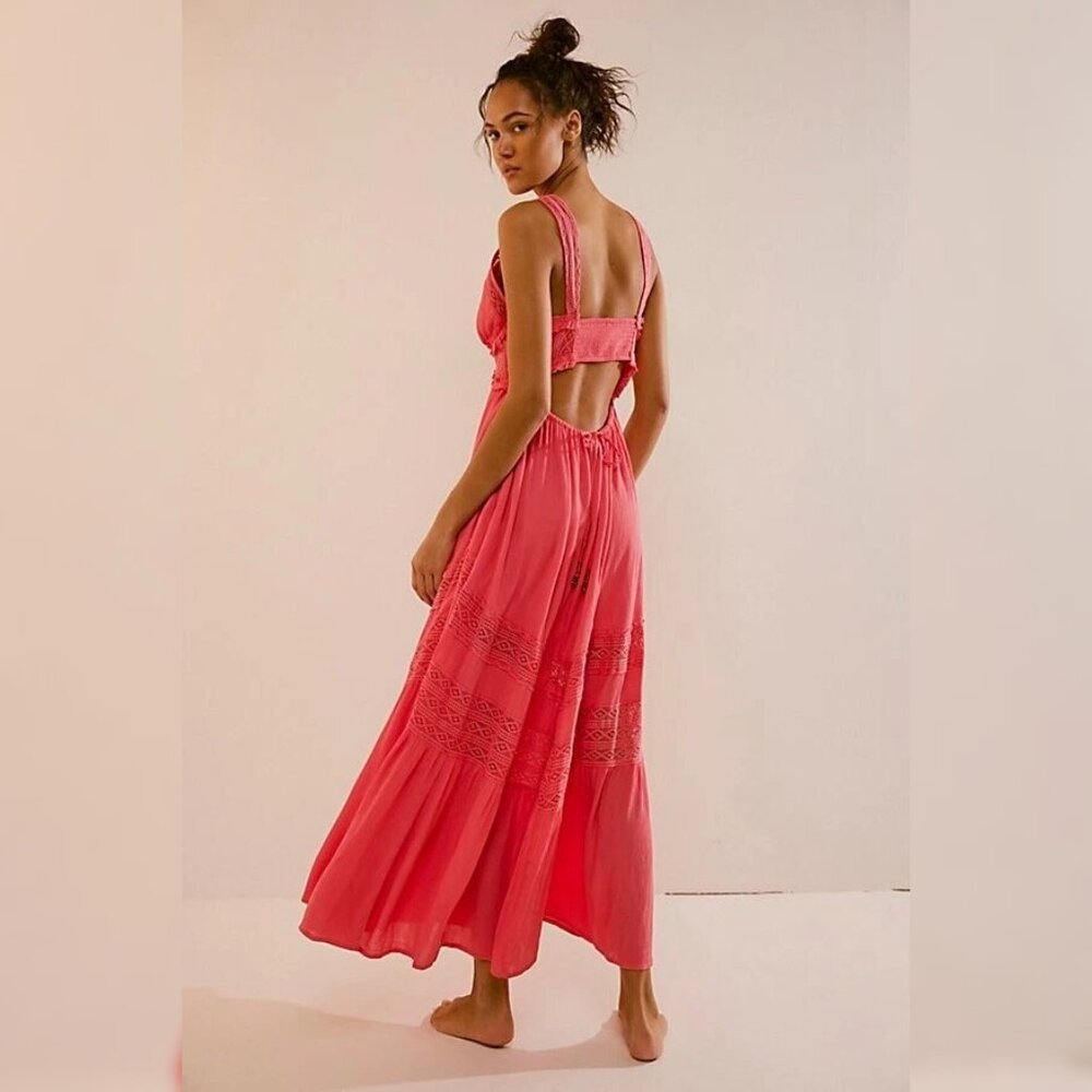 Free People Hadlee Maxi M 8 Women's Casual Flared Crochet Boho Pink Dress 42526 - Picture 2 of 5